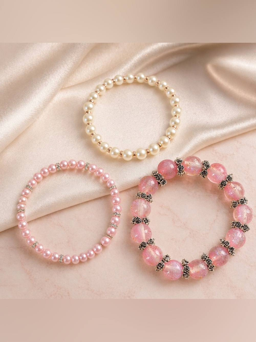 Blush Pearl Bracelet Trio Set | Feminine Pink & Ivory Beaded Stack 7”